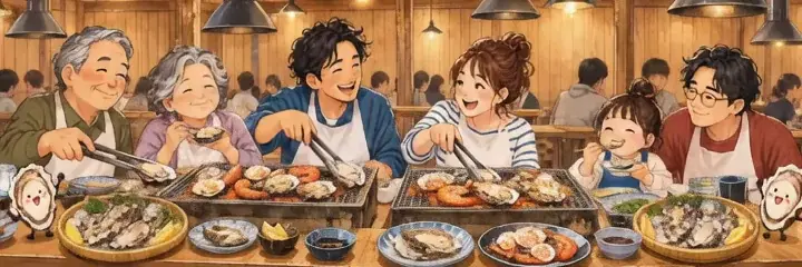 牡蠣小屋の室内で家族や友人が炭火を囲み、焼いて食べて笑い合うアニメーション